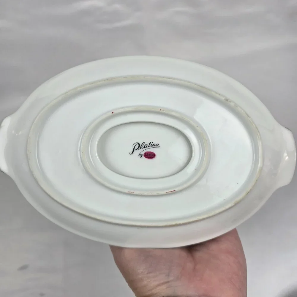 Sango Plantina Gravy Boat with Underplate Gray Band Platinum Trim